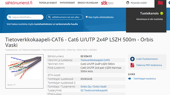 Kuvakaappaus sähkönumerot.fi -palvelusta näyttää Orbis Vaski CAT6-kaapelin tuotetietoja.