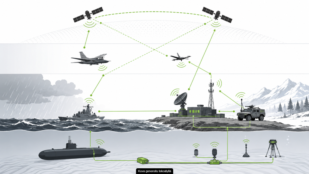 Havainnekuva puolustuksen tiedonsiirtoverkosta, jossa satelliitit, ilma-alukset, merivoimien alukset, sukellusvene, maa-asema, ajoneuvot ja kenttälaitteet ovat yhteydessä toisiinsa merenpohjasta avaruuteen ulottuvassa verkossa. Description: Havainnekuva monikerroksisesta puolustuksen tiedonsiirtoverkosta. Kuvassa satelliitit, ilma-alukset, merivoimien alukset, maa-asemat, ajoneuvot ja kenttäjärjestelmät muodostavat toisiinsa kytkeytyvän verkon, joka ulottuu merenpohjasta avaruuteen. Kuva tukee artikkelin teemaa kriittisestä tiedonsiirrosta, tilannekuvasta, järjestelmien yhteistoiminnasta ja toimintavarmuudesta vaativissa käyttöympäristöissä.